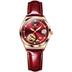 OLEVS Luxury Women's Mechanical Wristwatch Rhinstones Crafted Original Leather Analog Display Mechanical Women Watch