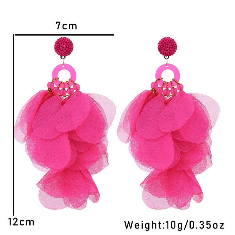 Handmade fabric floral earrings women's fashion exaggerated long earrings