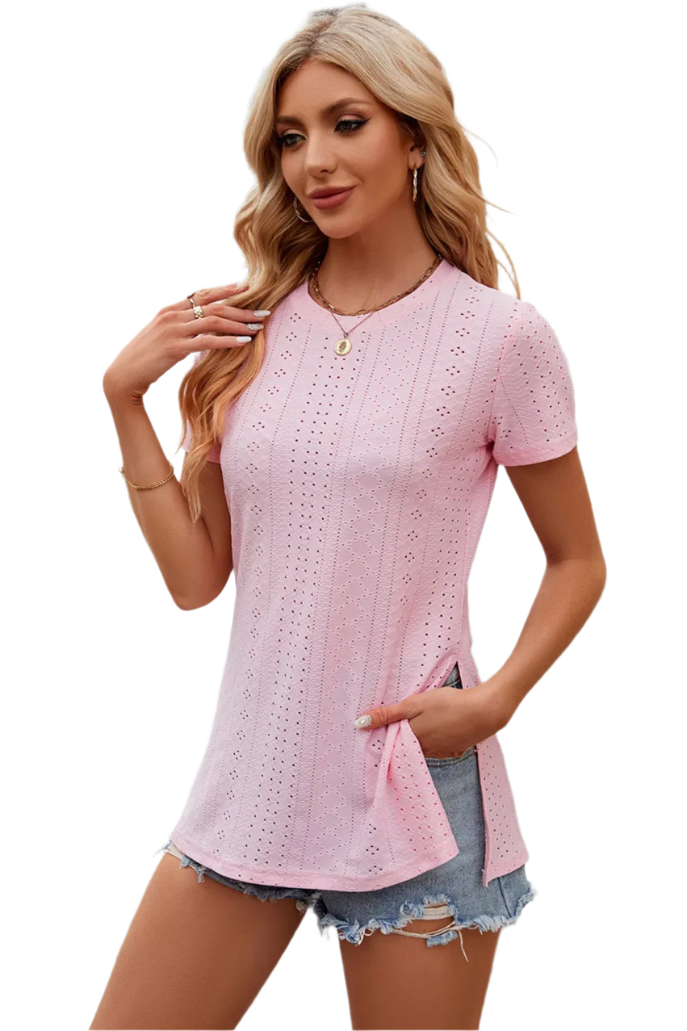 Effen ronde hals, losse T-shirt met korte mouwen en split voor dames