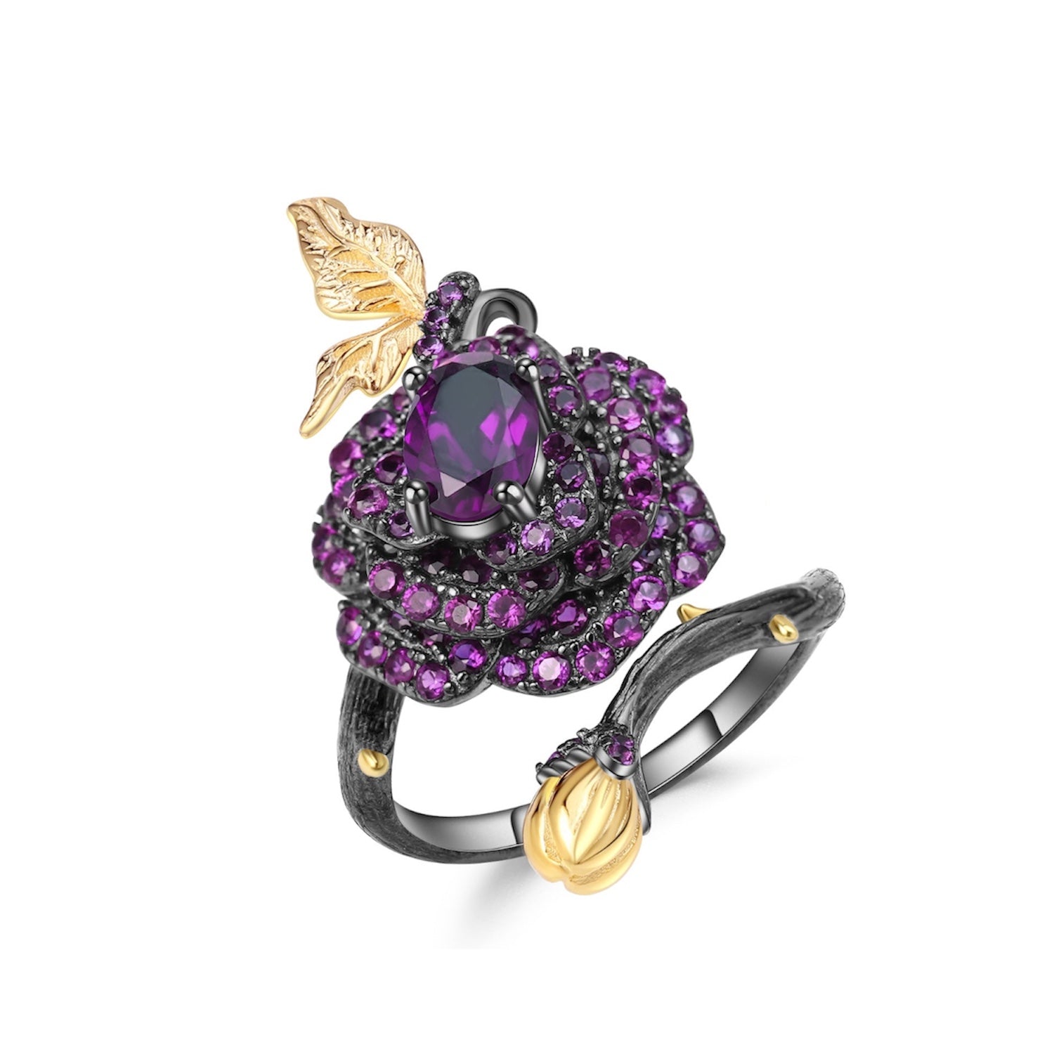 Fashion Women's Ring Vintage Style S925 Silver Gemstone Ring Secret Garden Rose Design with Natural Colorful Stones