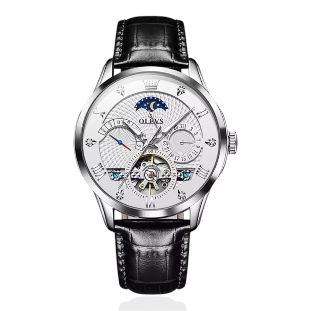 OLEVS Men's Watch Luxury Mechanical Wristwatch Men Leather Strap Waterproof Luminous Double Calendar Hollow Flywheel Automatic Mechanical Watch