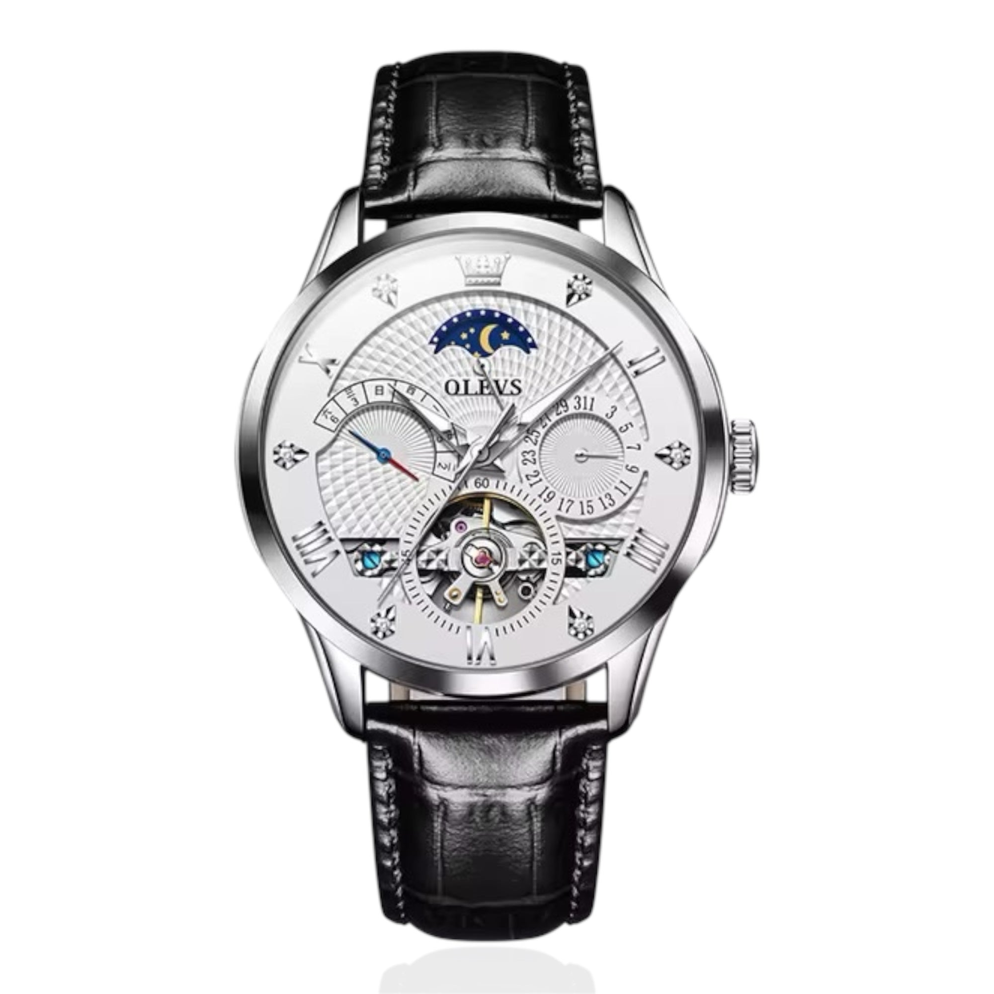 OLEVS Men's Watch Luxury Mechanical Wristwatch Men Leather Strap Waterproof Luminous Double Calendar Hollow Flywheel Automatic Mechanical Watch
