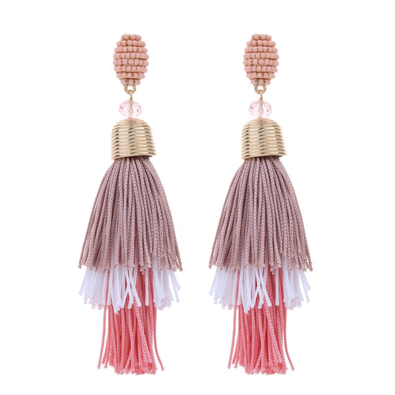 Damesoorbellen in bohemian stijl met bloemkwastjes, handgemaakte oorbellen met rijstkralen en lange kleurrijke franjes.