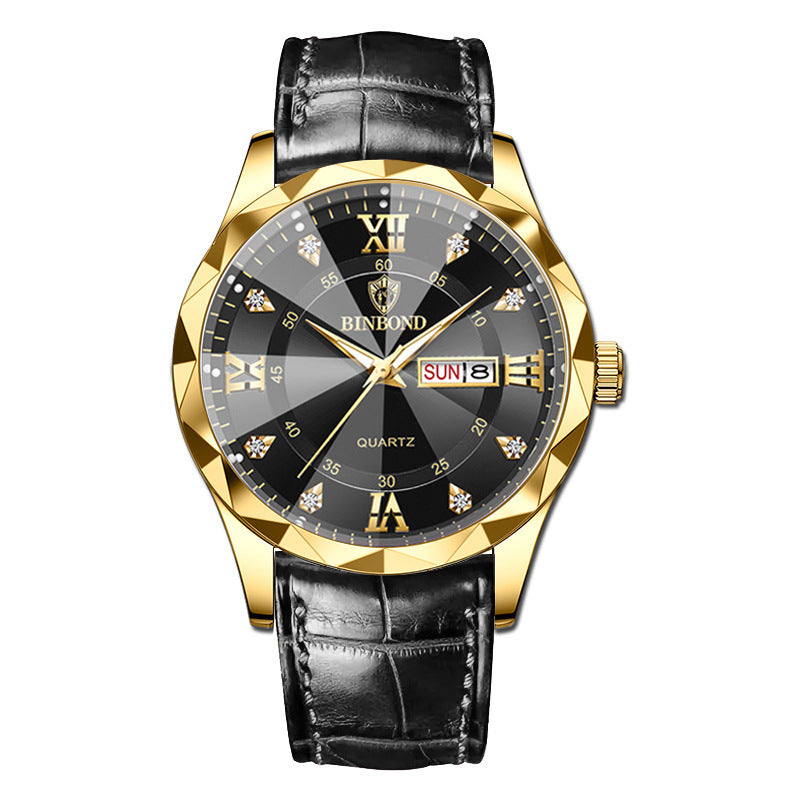 BINBOND Top Brand Luxury Fashion Men's Quartz Watch Waterproof Week Date Watch Men's Sports Watch Stainless Steel Quartz Wristwatch Genuine Leather Men's Waterproof Leisure watch