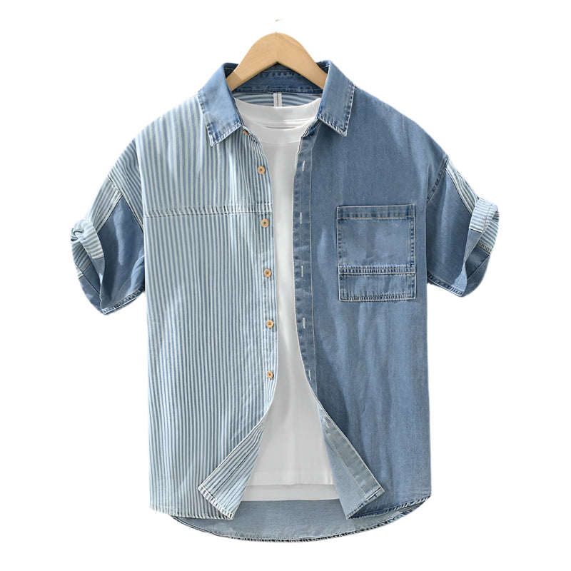 Modeontwerpgevoel Kleurcontrast Patchwork Gestreept Denim Overhemd met Korte Mouwen