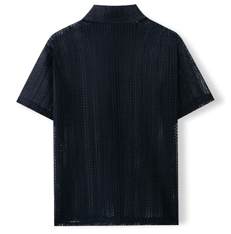 Men's Fashionable Casual Short Sleeve Shirt Knitted High Quality Polyester Vintage Men's Luxury Plain v Neck Slim Shirt