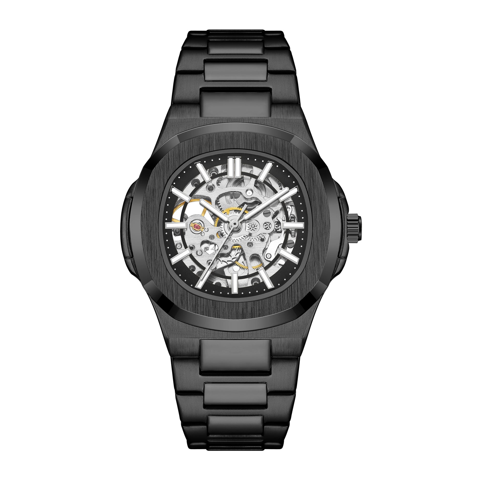 Steampunk Hollow Skeleton Automatic Mechanical Watch Men Blue Ribbon Full Steel Waterproof Wristwatches Male Mechanism Watch