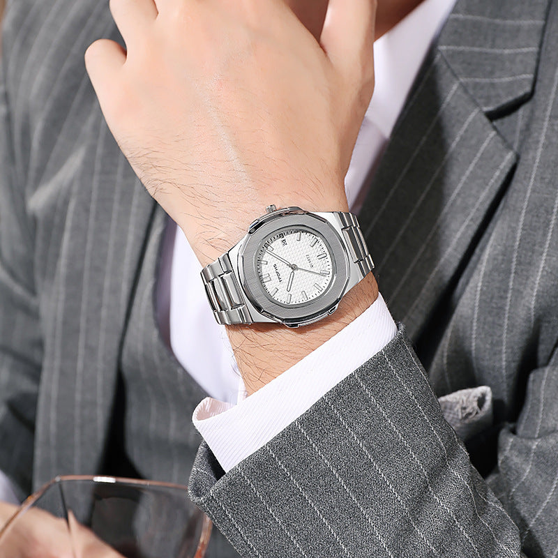 Orologio da uomo alla moda casual da lavoro, con movimento automatico al quarzo, luminoso, impermeabile, con cinturino in acciaio.