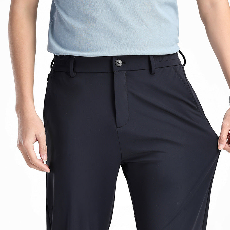 Men's Fashionable Casual Formal Pants Ice Silk Elastic Solid Color Zip Placket Mid Waist Leisure Men's Casual Pants - Acquisti Online