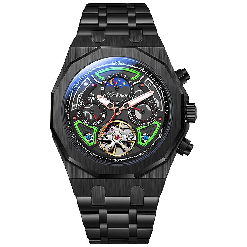Orologio da polso meccanico automatico con fasi lunari, cinturino in gomma, impermeabile, di lusso, da uomo, con tourbillon.