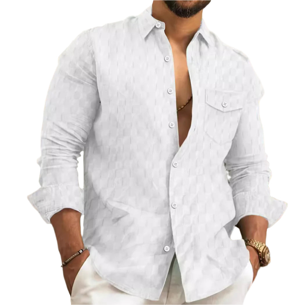 Heren geruit jacquard borstzak revers lange mouwen revers overhemd