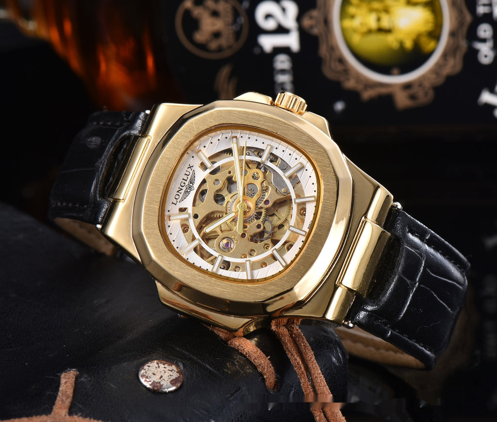 Men's Automatic Mechanical Watch Luxury Skeleton Waterproof Business Stainless Steel Barrel-shaped Leather Belt Men's Waterproof Mechanical Watch