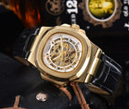 Men's Automatic Mechanical Watch Luxury Skeleton Waterproof Business Stainless Steel Barrel-shaped Leather Belt Men's Waterproof Mechanical Watch