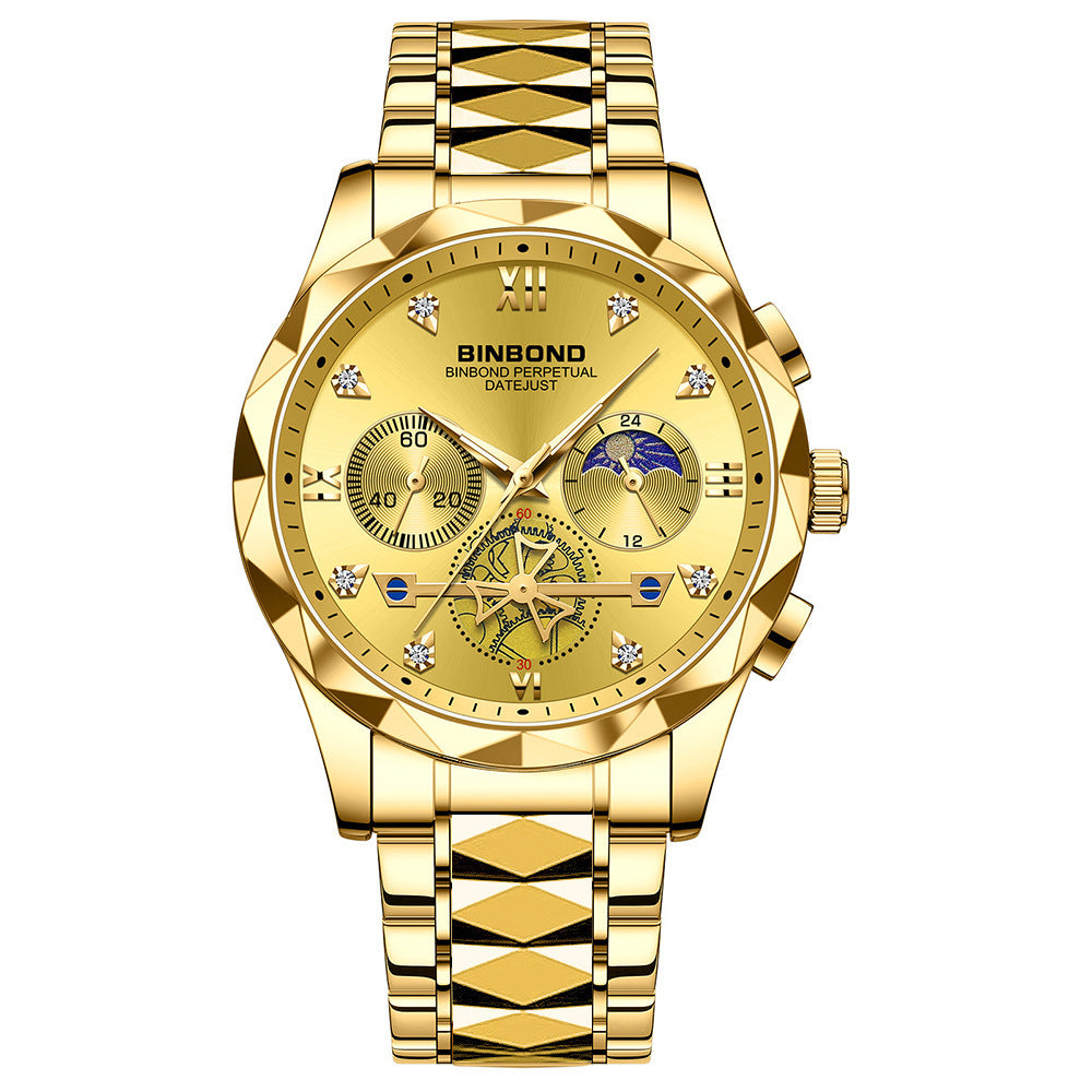 Mens Watch Diamond Big Face Stainless Steel Luxury Business Dress Date Day Wrist Watch Waterproof Luminous Multifunctional Quartz Watch - Acquisti Online