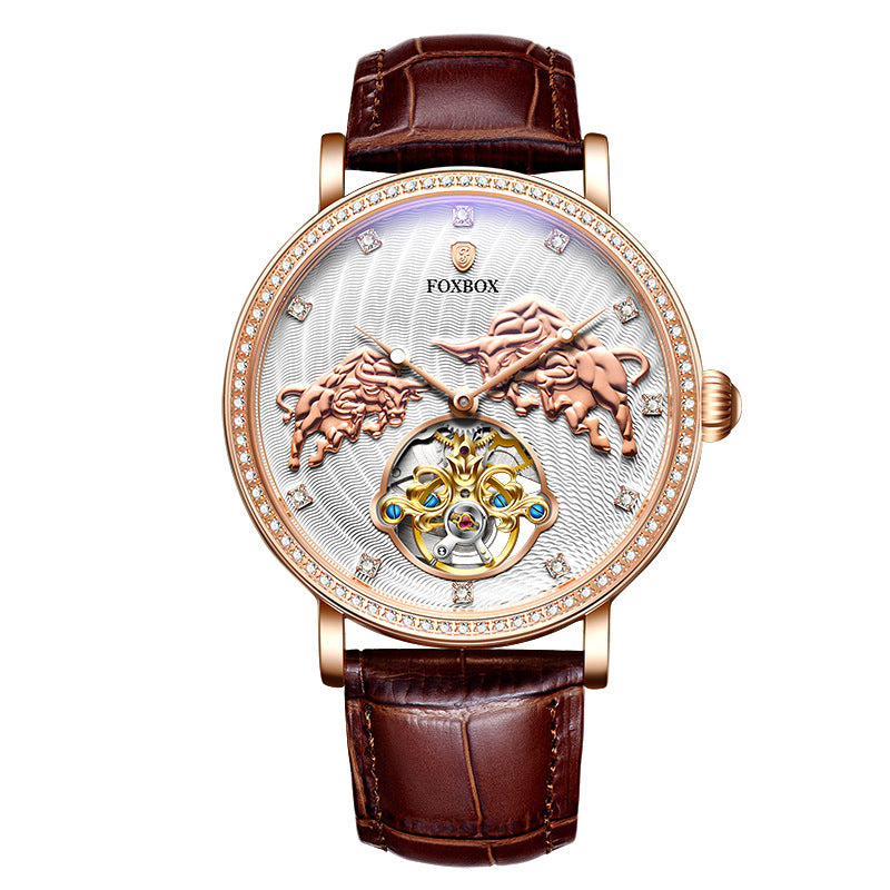 FOXBOX Merk Luxe Mechanische Waterdichte Tourbillon Creativiteit Lederen Band Sport Polshorloge Mechanische Automatische Horloges