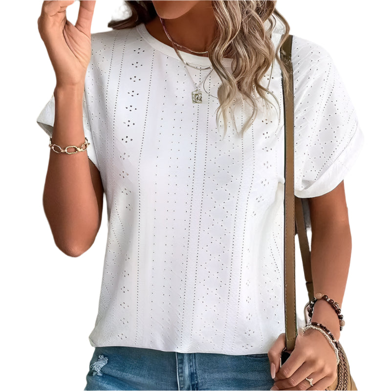Damestops met borduurwerk, casual ronde hals en korte mouwen, trendy T-shirts