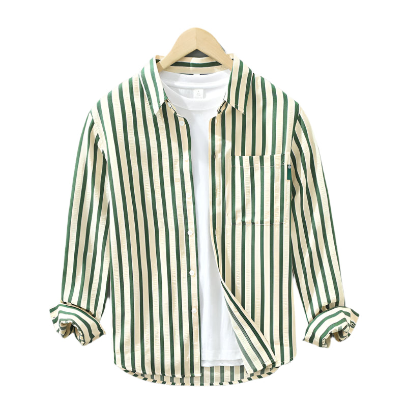 Camicia casual alla moda da uomo in fibra di poliestere tinta unita a righe verticali, a maniche lunghe, ampia, da uomo