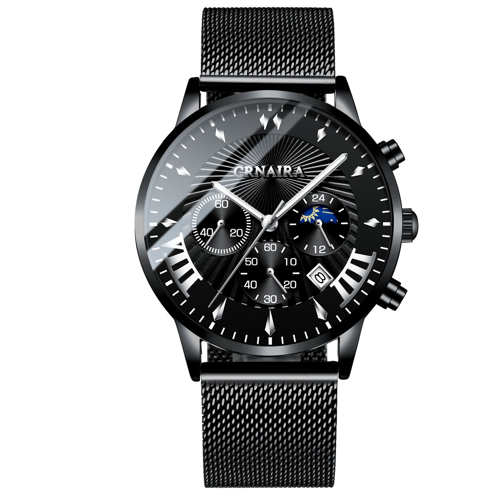 Men's Crnaira Men Watch Stainless Steel Quartz Watches Calendar Luminous Fashion Imitation Three-eye Waterproof Quartz Watch