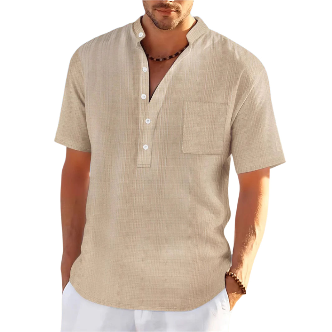 Stand Collar Short Sleeve Loose Leisure Vacation Henley Shirt - Acquisti Online