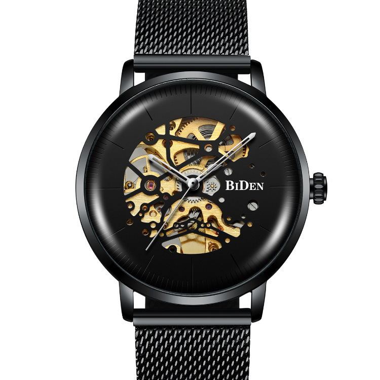 BIDEN 0052 Luxury Men's Mechanical Watch 2025 Mesh Strap Hollow Dials Decoration Vintage Skeleton Men's Automatic WristWatch