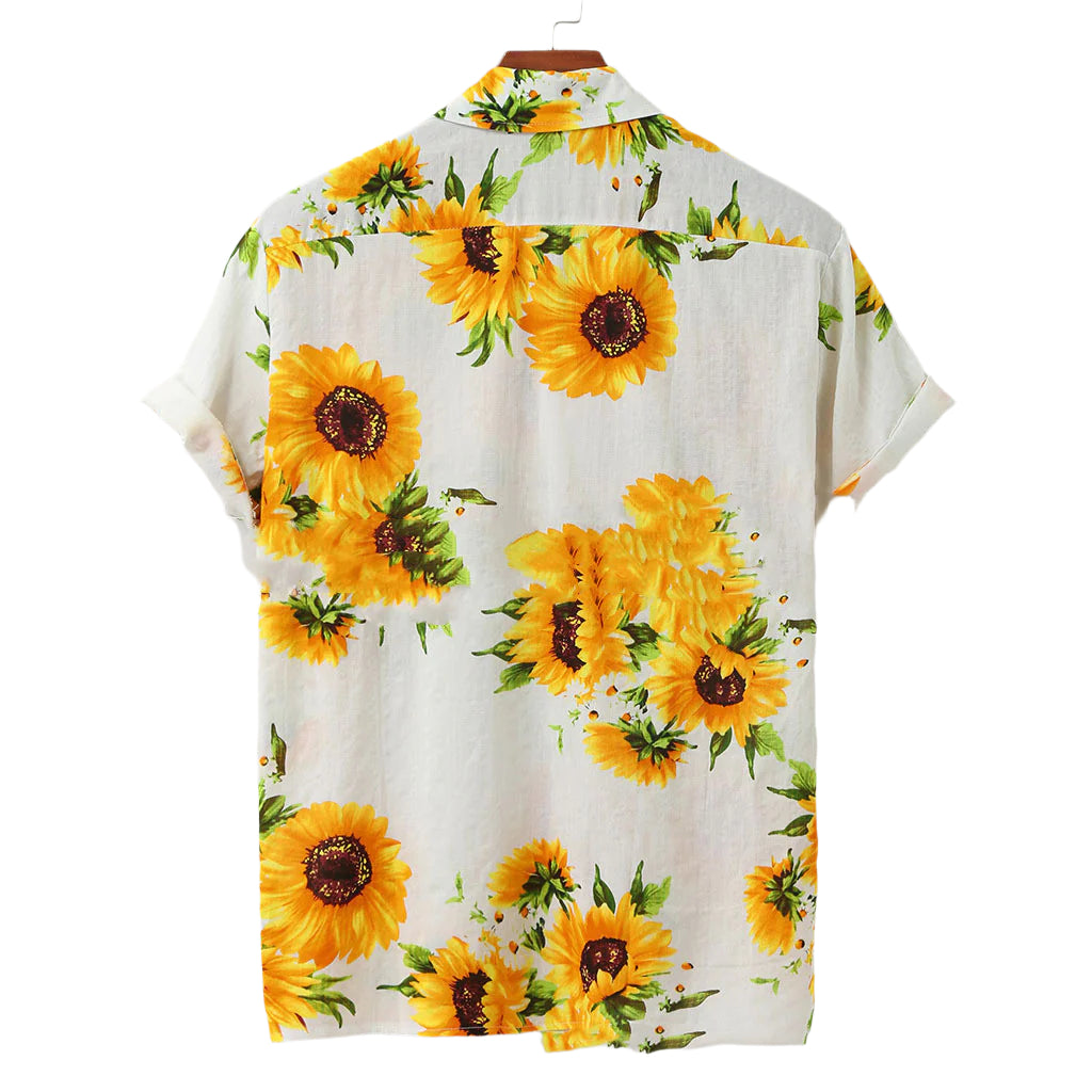 Camicie hawaiane casual da uomo, vestibilità ampia, stampa di girasoli, monopetto, maniche corte, colletto rovesciato