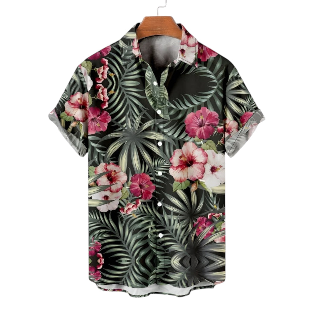 Camicia casual alla moda da uomo in fibra di poliestere tinta unita con motivo floreale, abbigliamento da uomo in stile marittimo, camicia casual stampata