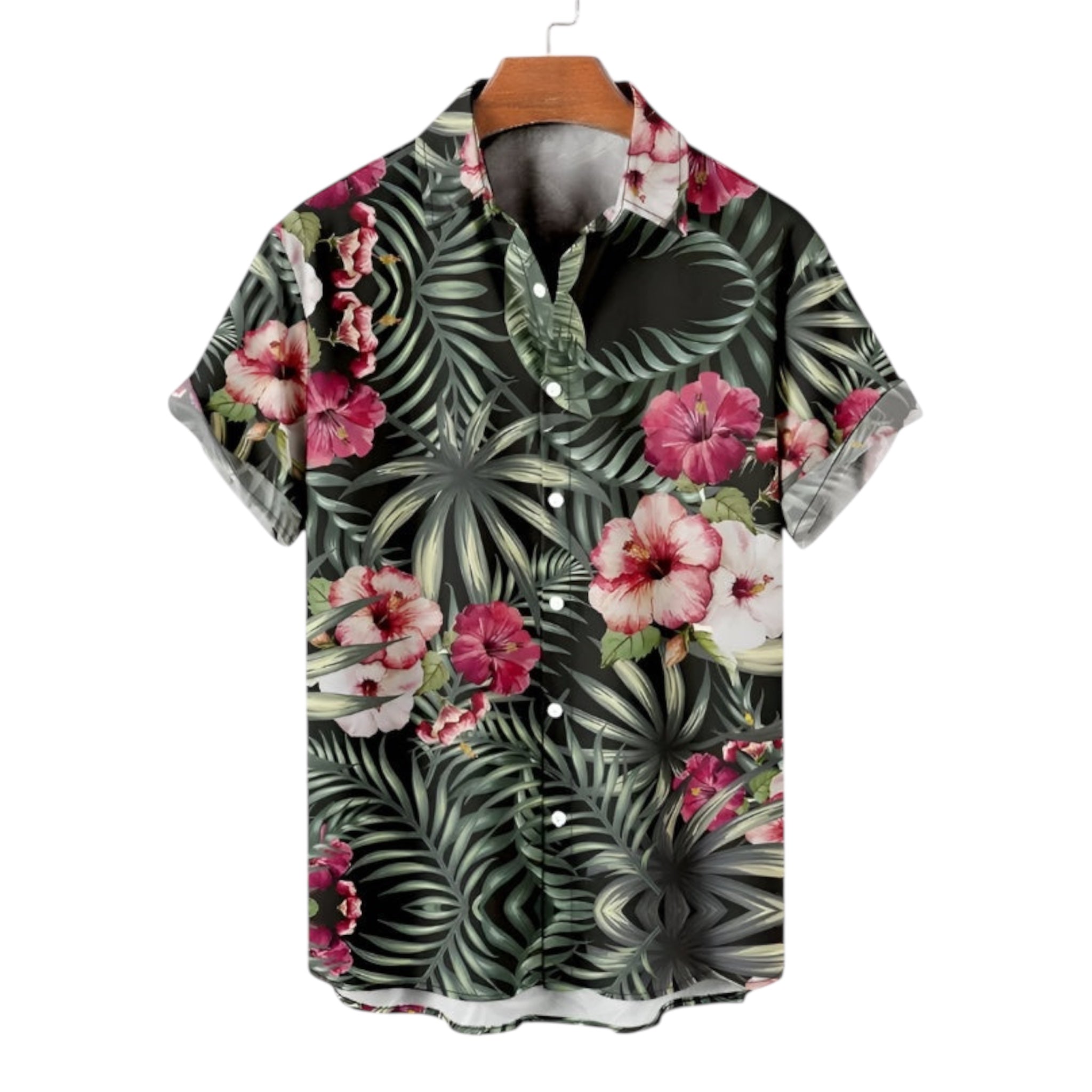 Men's Fashionable Casual Shirt Solid Color Polyester Fiber Flower Pattern Seaside Men's Clothing Printed Casual Shirt