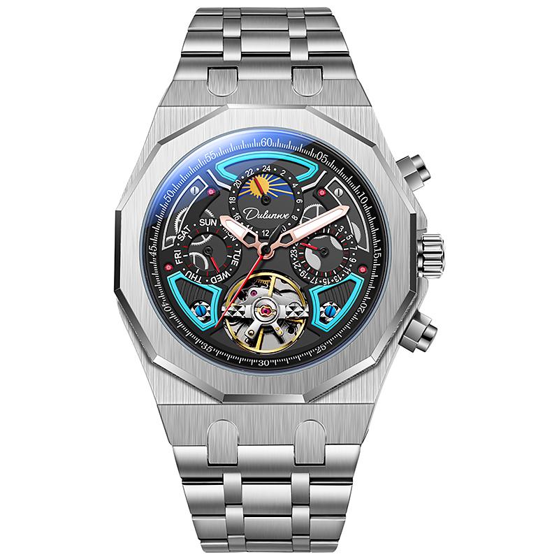 Orologio da polso meccanico automatico con fasi lunari, cinturino in gomma, impermeabile, di lusso, da uomo, con tourbillon.
