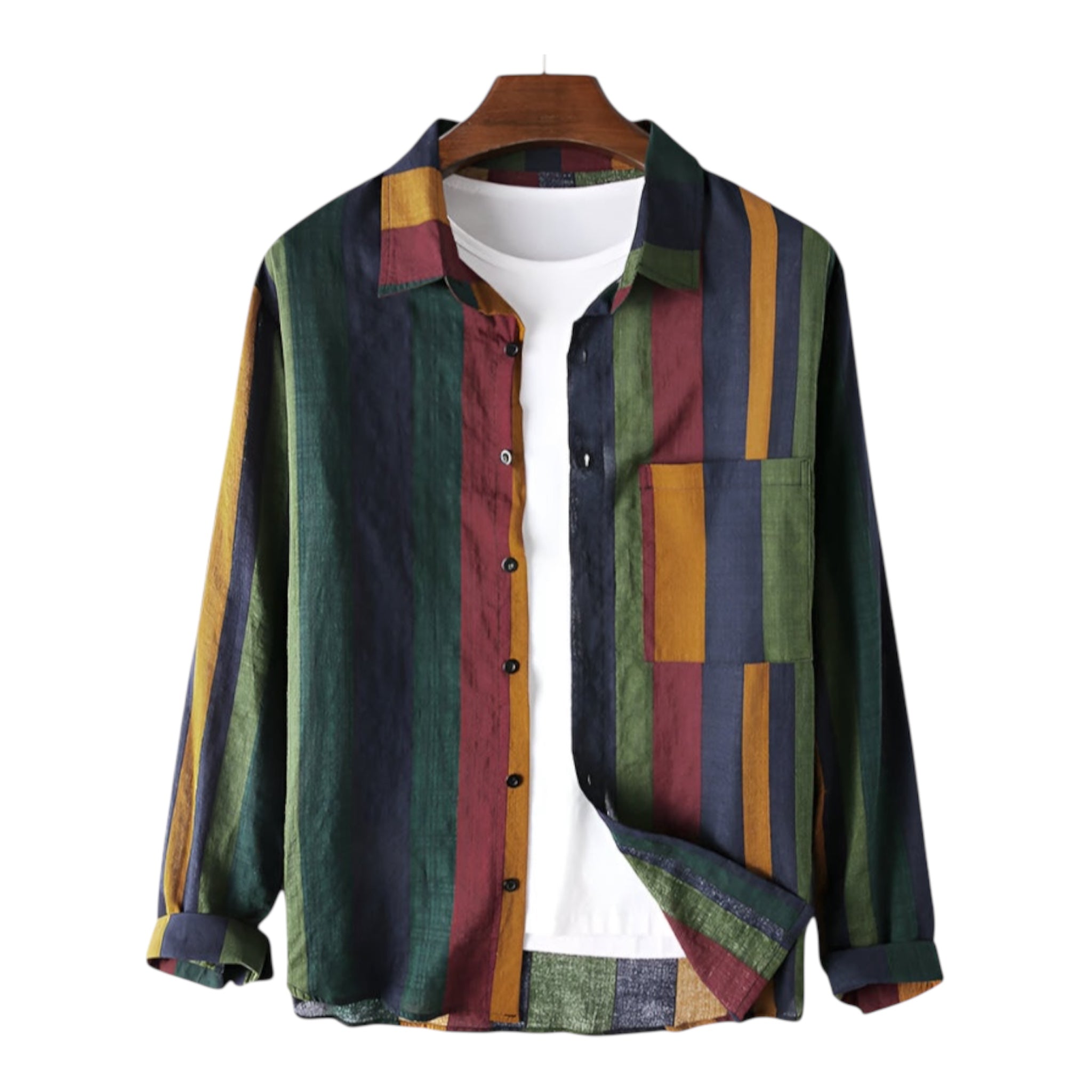 Camicia casual alla moda da uomo in cotone e lino, a maniche lunghe, con colletto ampio e righe a contrasto. Camicia casual alla moda da uomo.