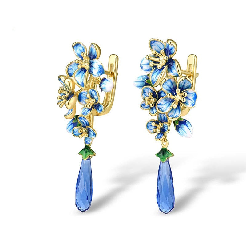 Damesoorbellen, modieuze oorbellen met emaille bloemmotief, koperen oorbellen met zirkonia, druppelvormige oorbellen, elegante modeoorbellen voor dames.