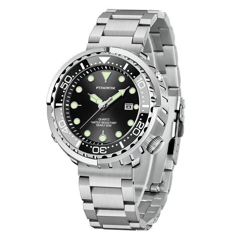Orologio da uomo Foxbox alla moda con movimento al quarzo automatico, calendario luminoso, personalizzato, classico, a tre lancette, impermeabile