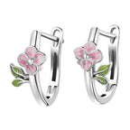 S925 Sterling Silver Spring Cherry Blossom Ear Studs Flower Green Leaf Earrings