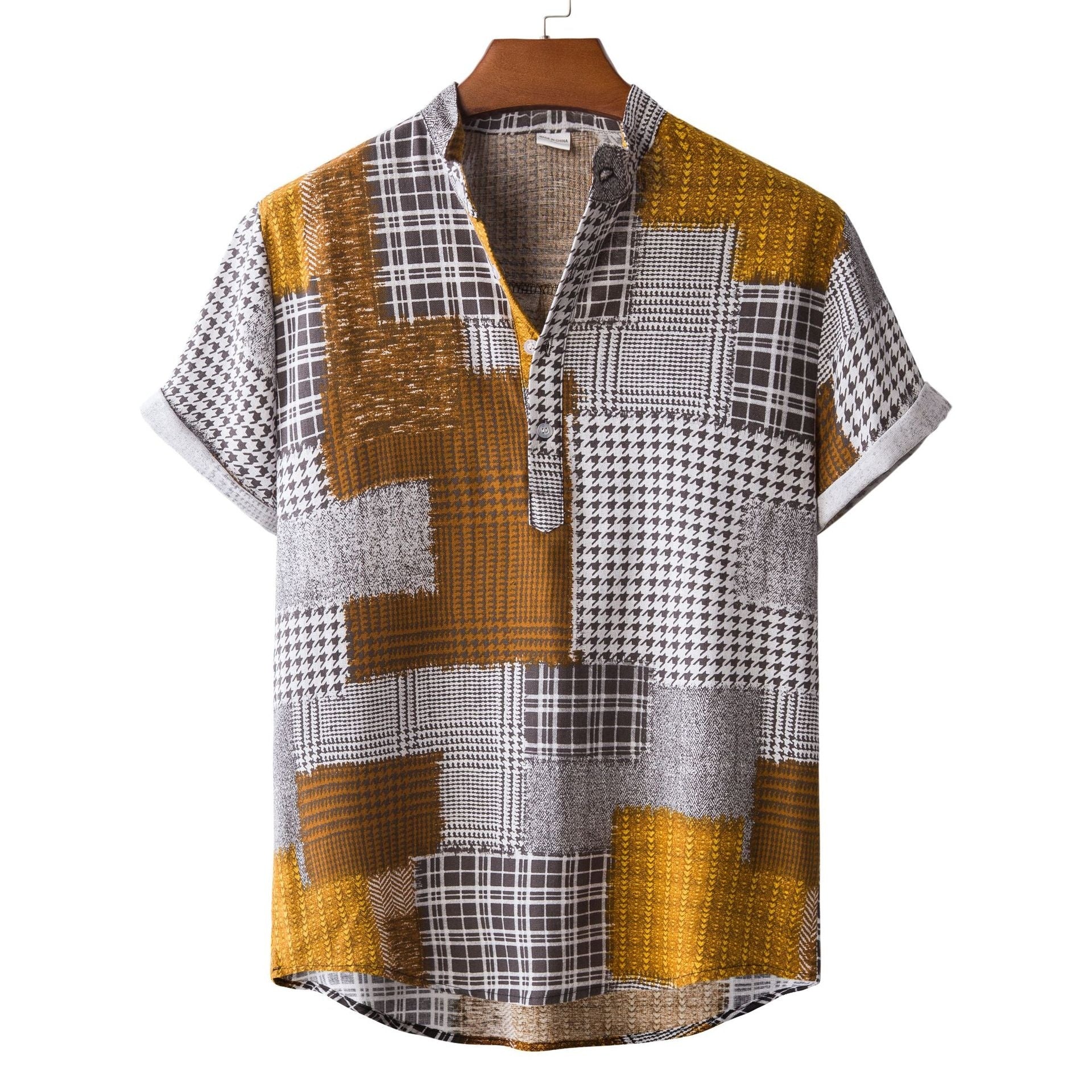 Men's Fashionable Casual Shirt Solid Color Vintage Ethnic Print Short Sleeve Lapel Collar Button Men's Casual Shirt
