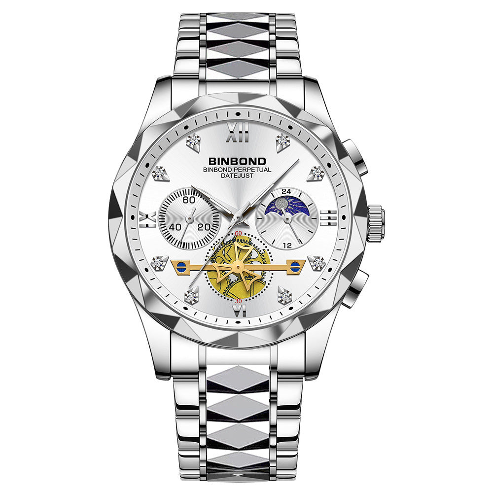 Mens Watch Diamond Big Face Stainless Steel Luxury Business Dress Date Day Wrist Watch Waterproof Luminous Multifunctional Quartz Watch - Acquisti Online