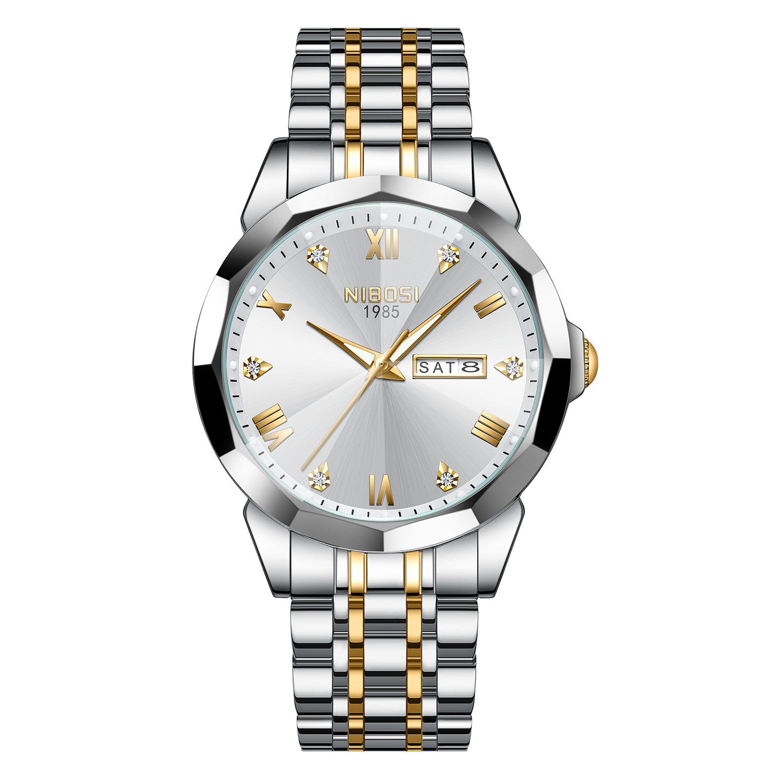 NIBOSI 2623 Orologio di lusso da uomo con specchio a rombo, automatico, data, settimana, impermeabile, orologio da polso luminoso