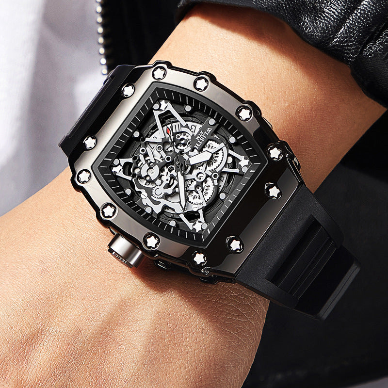 Men's Luxury Skeleton Watch Gear Carving Design Rectangle Tonneau Large Dial Retro Gorgeous Sports Quartz Wristwatch Luminous Men's Watch