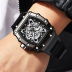 Men's Luxury Skeleton Watch Gear Carving Design Rectangle Tonneau Large Dial Retro Gorgeous Sports Quartz Wristwatch Luminous Men's Watch