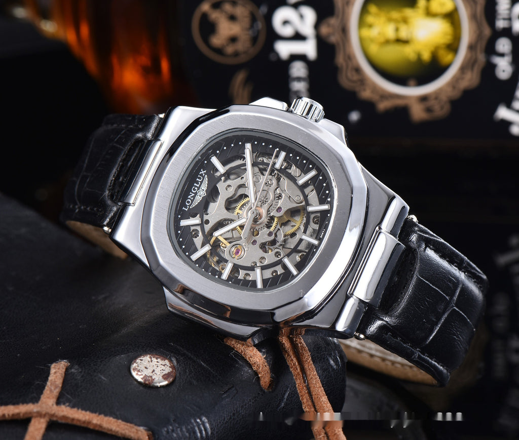 Men's Automatic Mechanical Watch Luxury Skeleton Waterproof Business Stainless Steel Barrel-shaped Leather Belt Men's Waterproof Mechanical Watch