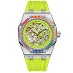 Orologio meccanico automatico da uomo con cinturino in silicone e diamanti arcobaleno