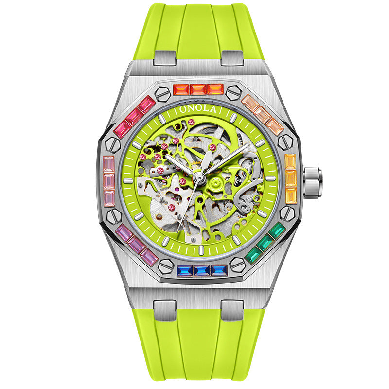 Orologio meccanico automatico da uomo con cinturino in silicone e diamanti arcobaleno