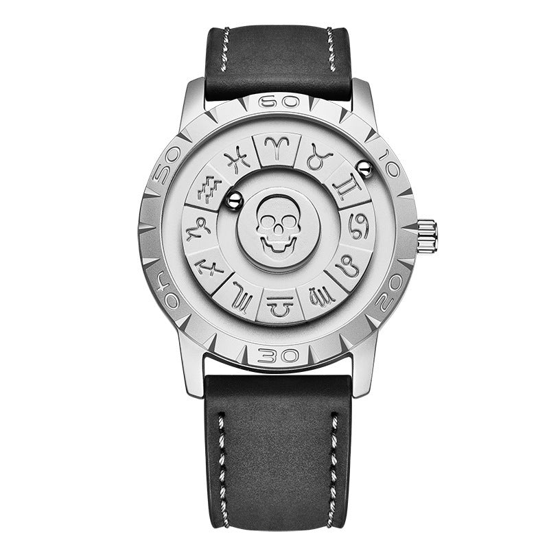 FOXBOX-Men's Magnetic Quartz Wristwatch Creative Scroll Pointer Genuine Leather Watch