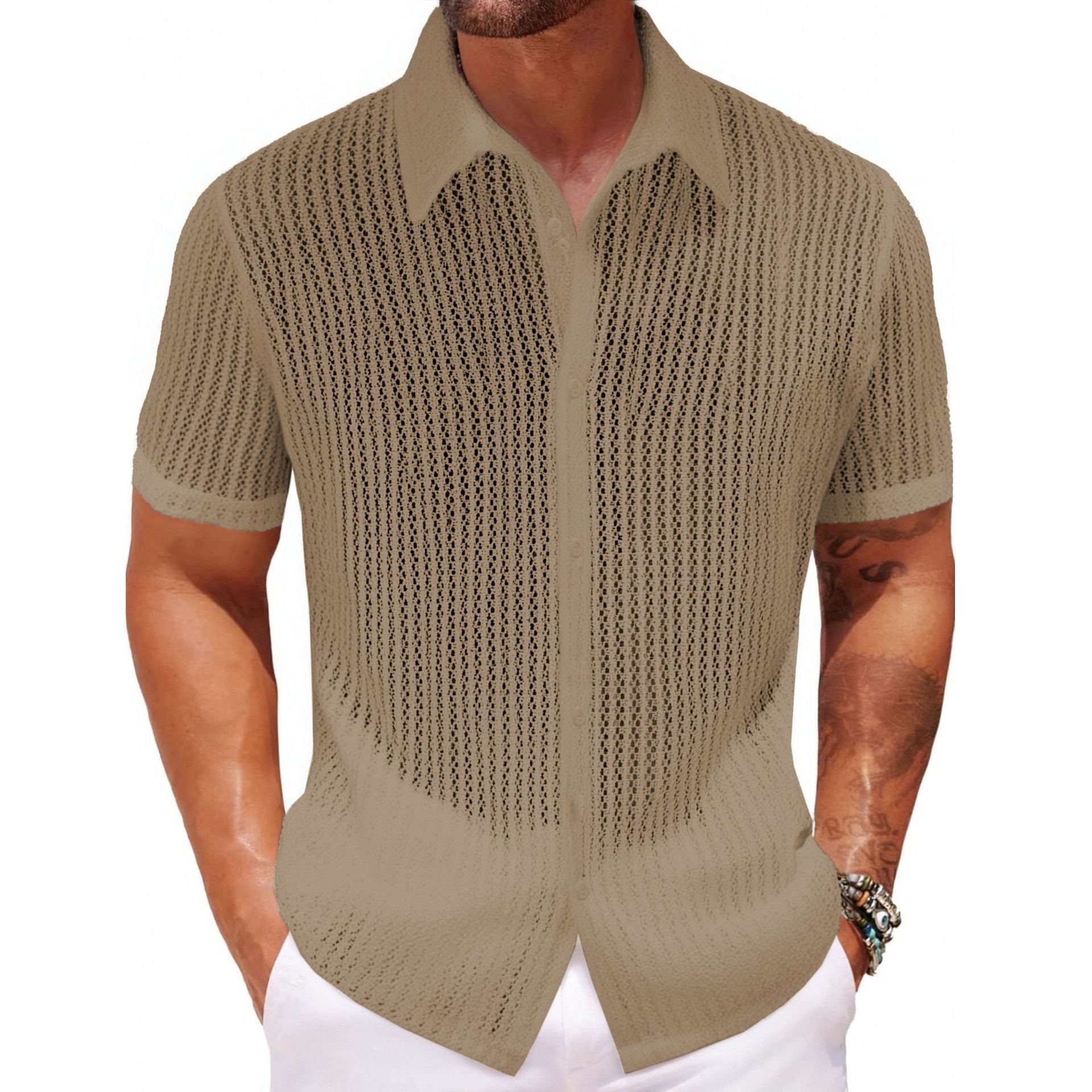 Camicia da uomo casual alla moda a maniche corte in poliestere di alta qualità, vintage, di lusso, con scollo a V, slim fit