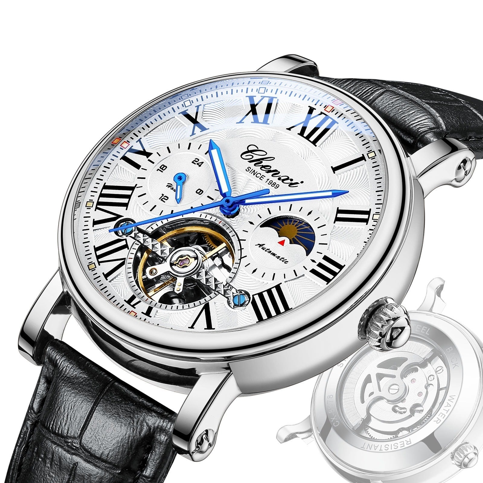 Orologio da uomo di marca CHENXI, orologio da polso meccanico automatico impermeabile alla moda, orologio al quarzo luminoso, orologio da uomo in pelle con volano cavo