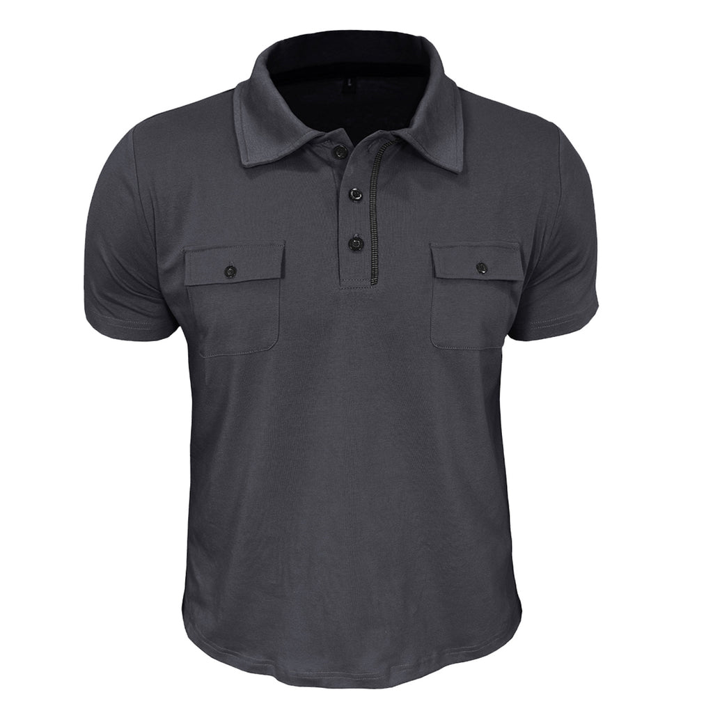 Men's Outdoor Sports Twill T-Shirt Short Sleeve Tactical Rollover Polo Loose Pocket Anti-Wrinkle Lapel Button Fashion Shirt