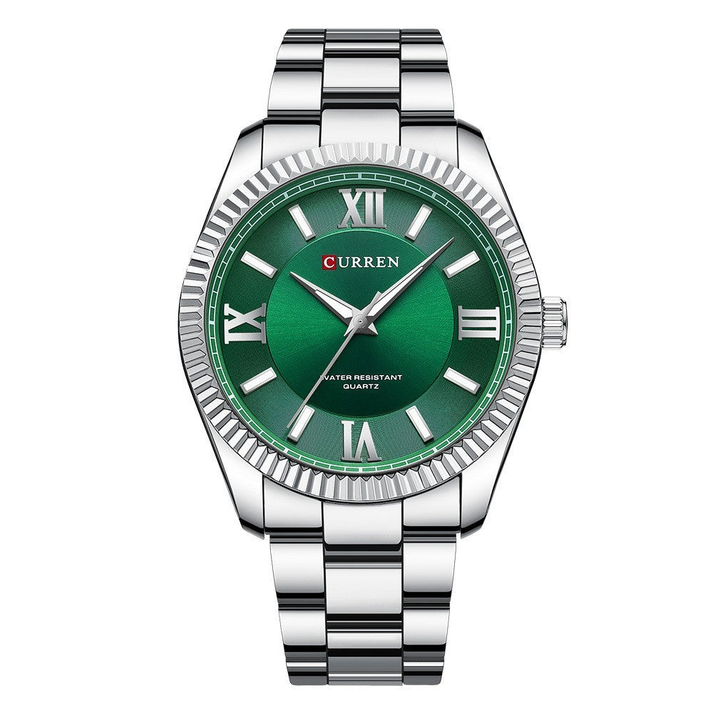 Herenhorloge met lichtgevende stalen band en Romeinse schaal, quartzhorloge