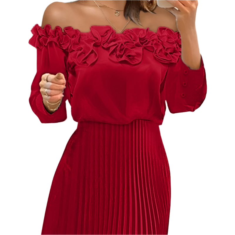 Women's Off-the-Shoulder Pleated Midi Dress with Ruffles Three-dimensional Pleated Off-shoulder Pleated Women Dress