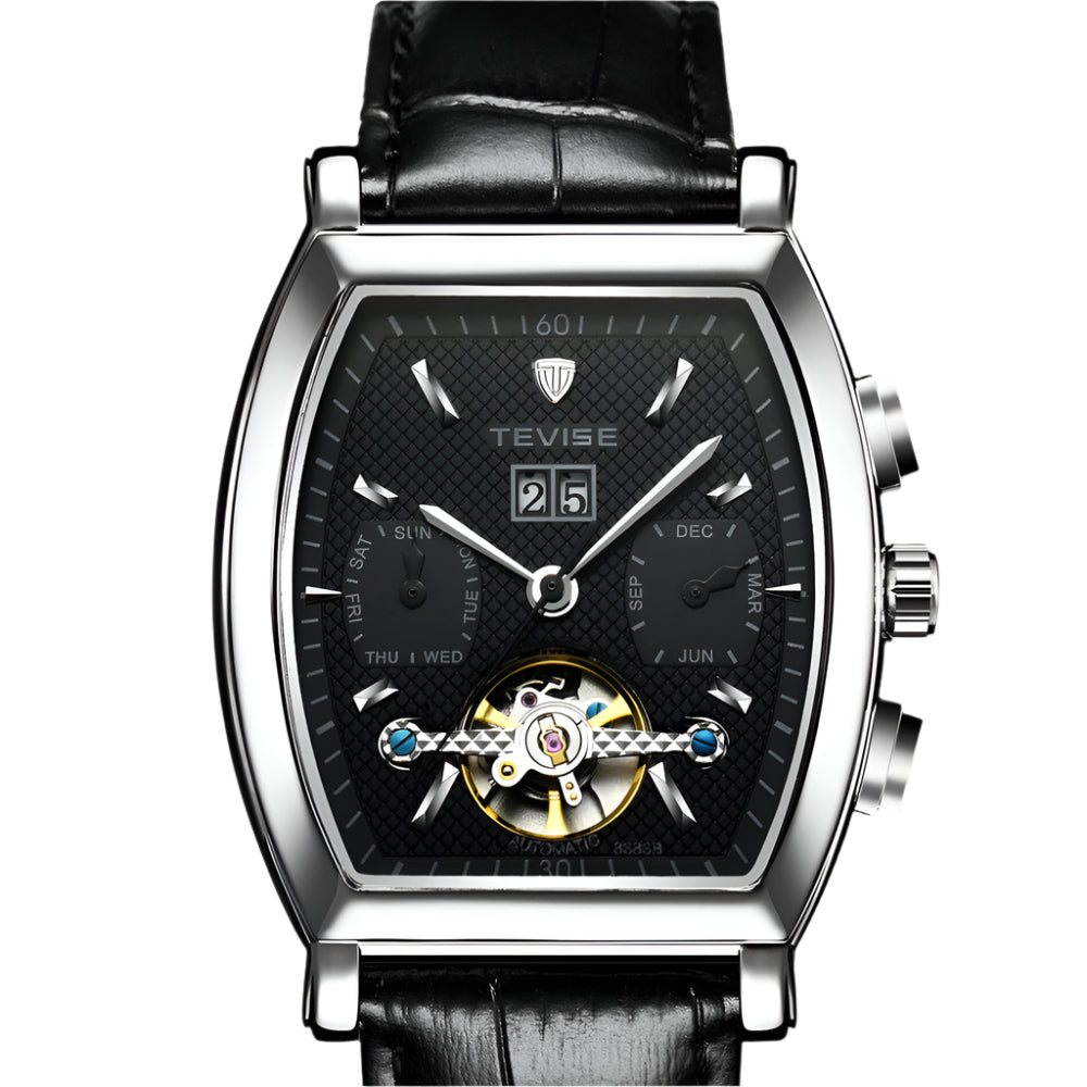 Tevise Man Automatic Movement Mechanical Watch Waterproof Leather Band Multifunctional Wine Barrel Men's Watch