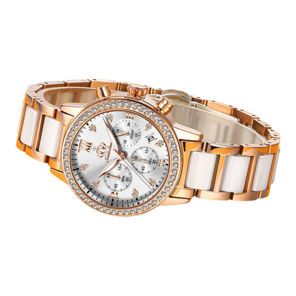 Luxe dameshorloge met quartz chronograaf, strass en handgemaakte polshorloges, waterdichte keramische band, dameshorloges