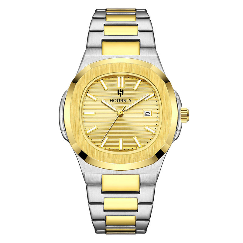 HOURSLY HY1371 Orologio da uomo al quarzo cinese alla moda, esclusivo, con cinturino in acciaio, resistente all'acqua, calendario luminoso, orologio casual da uomo