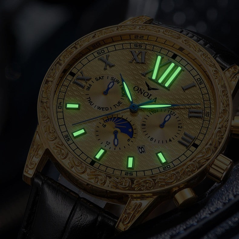 ONOLA 6834 Luxury Man Gold Color Leather Band Watch - Acquisti Online